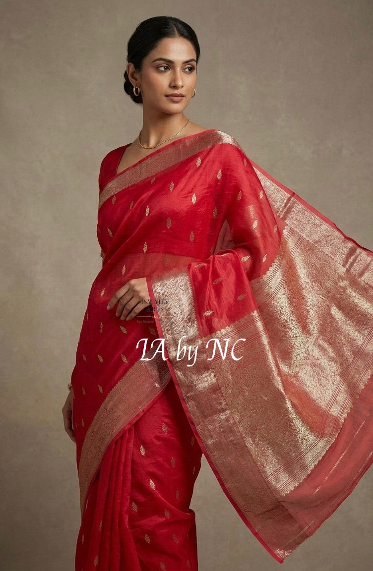 Carmine Banarasi Pure Kora Silk Kadwa Saree