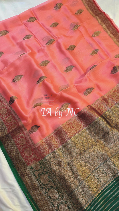 Salmon Banarasi Pure Kora Silk Kadwa Saree