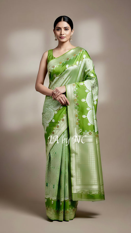 Avocado Banarasi Pure Khaddi Tussar Georgette Designer Saree