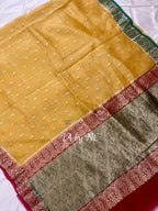 Mustard Banarasi Pure Kora Silk Kadwa Saree - Ganga Jamuna Border