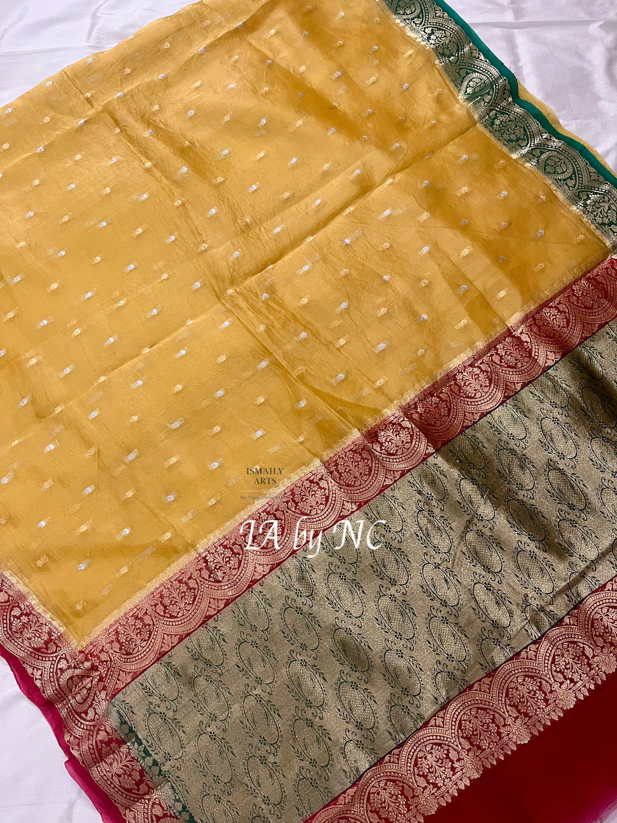 Mustard Banarasi Pure Kora Silk Kadwa Saree - Ganga Jamuna Border