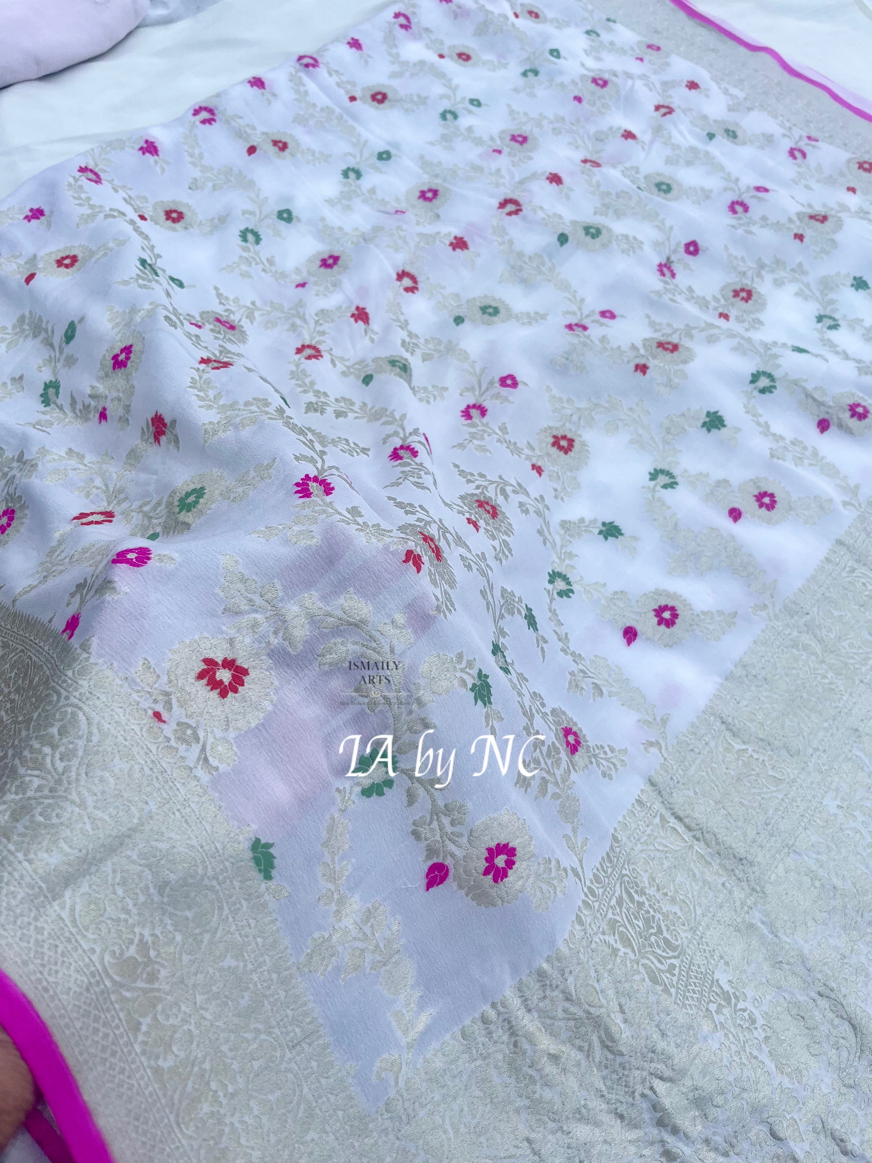 White Banarasi Pure Khaddi Georgette Meenakari Saree