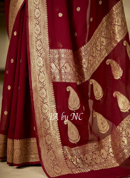 Carmine Banarasi Pure Khaddi Georgette Kadwa Saree