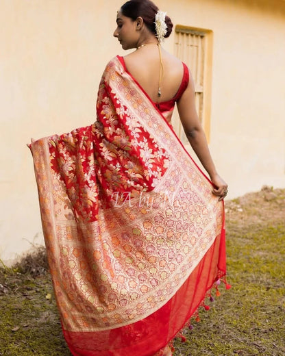 Crimson Banarasi Pure Khaddi Georgette Saree