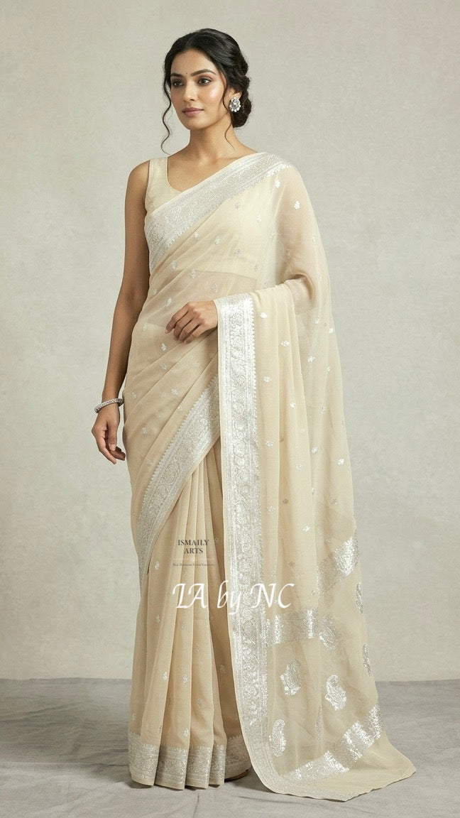 Beige Banarasi Pure Khaddi Georgette Kadwa Saree