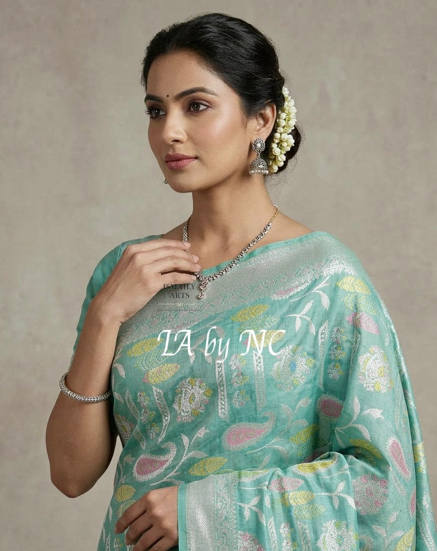 Turquoise Banarasi Pure Khaddi Tussar Georgette Meenakari Saree