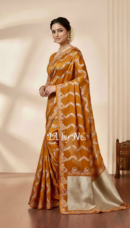 Ochre Banarasi Mashru Katan Silk Meenakari Saree