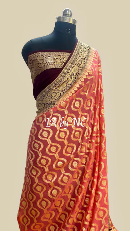 Salmon Banarasi Pure Khaddi Georgette Saree