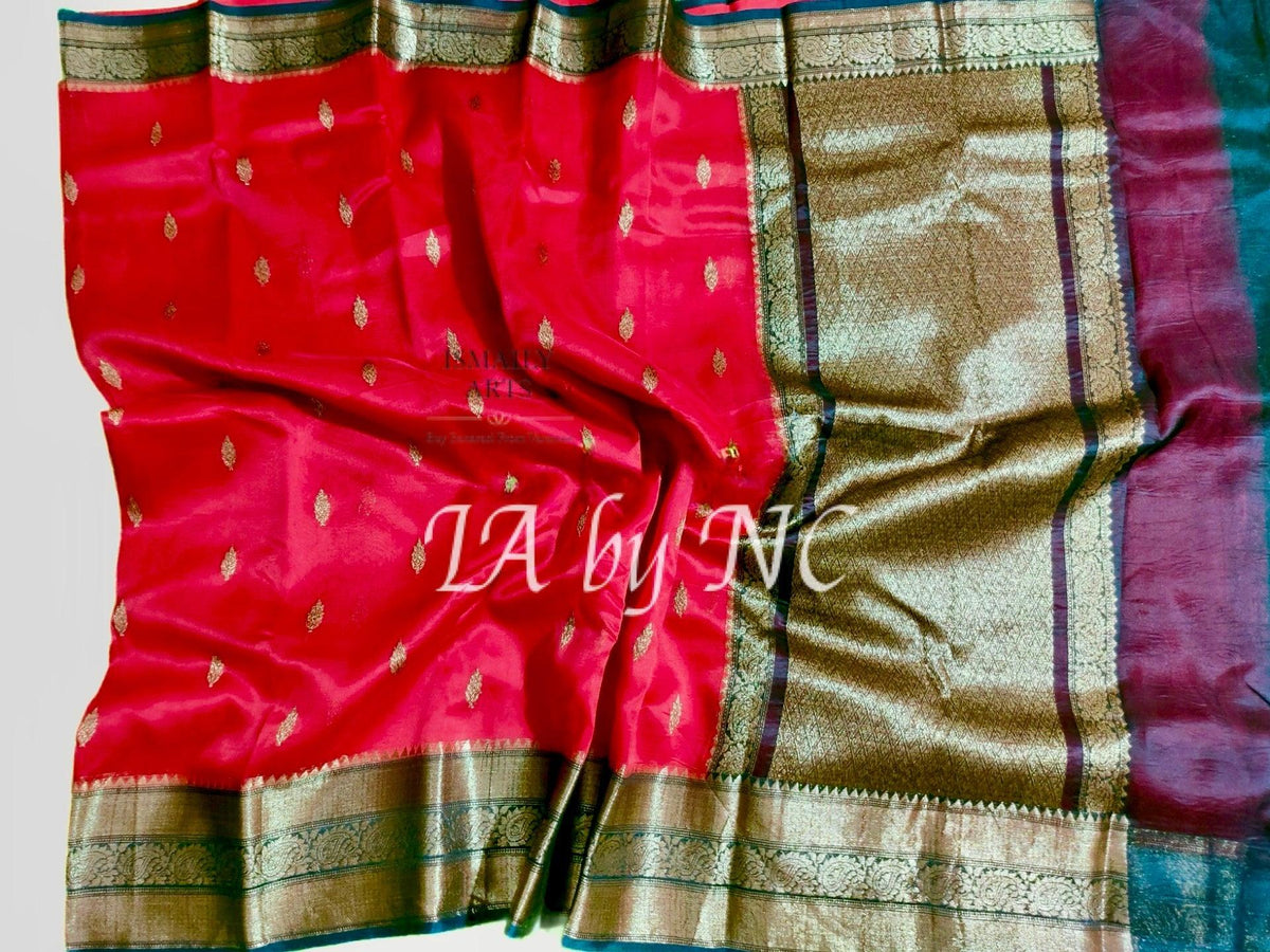 Carmine Banarasi Pure Kora Organza Kadwa Saree