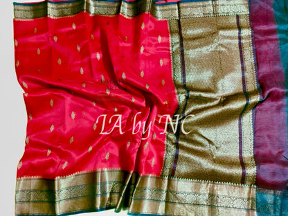 Carmine Banarasi Pure Kora Organza Kadwa Saree