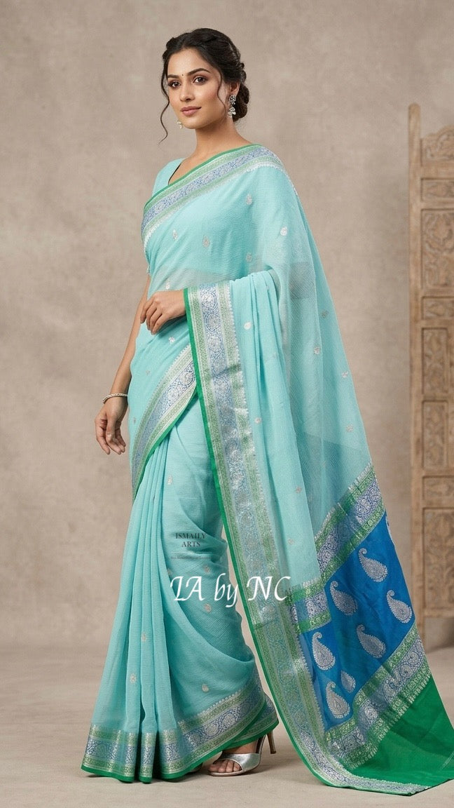 Aqua Banarasi Pure Khaddi Georgette Kadwa Saree