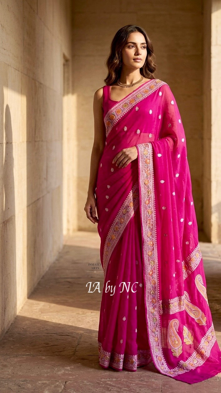 Fuschia Banarasi Pure Khaddi Georgette Kadwa Saree