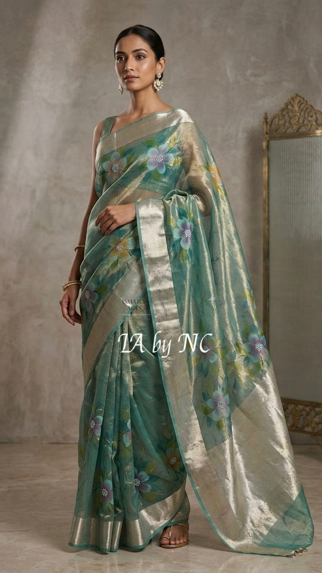 Turquoise Banarasi Pure Tissue Silk Saree