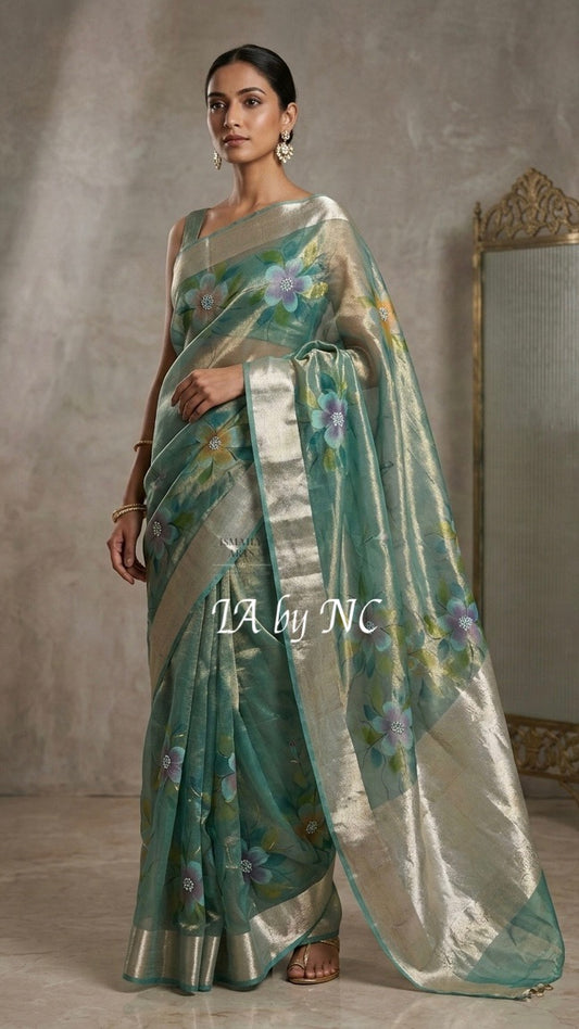 Turquoise Banarasi Pure Tissue Silk Saree