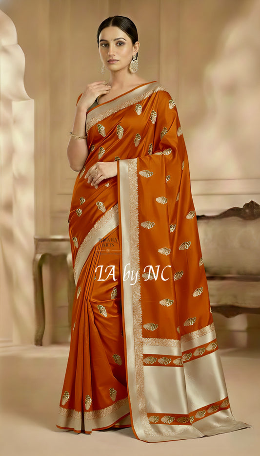 Ochre Banarasi Mashru Katan Silk Meenakari Saree