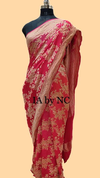 Red Banarasi Pure Khaddi Georgette Saree