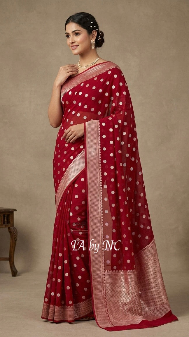 Carmine Banarasi Pure Khaddi Georgette Sona Rupa Saree