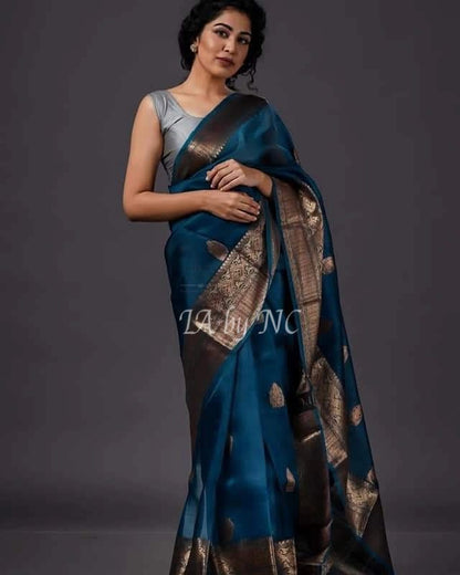 Teal Banarasi Pure Kora Silk Kadwa Saree