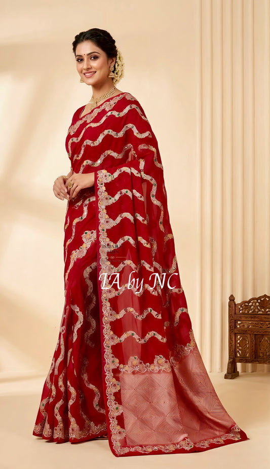 Crimson Banarasi Mashru Katan Silk Meenakari Saree