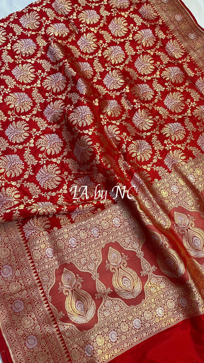 Crimson Banarasi Pure Katan Silk Pattu Meenakari Saree