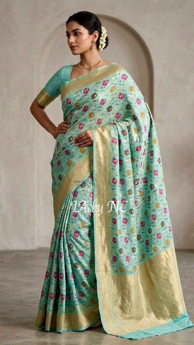 Turquoise Banarasi Pure Munga Silk Saree