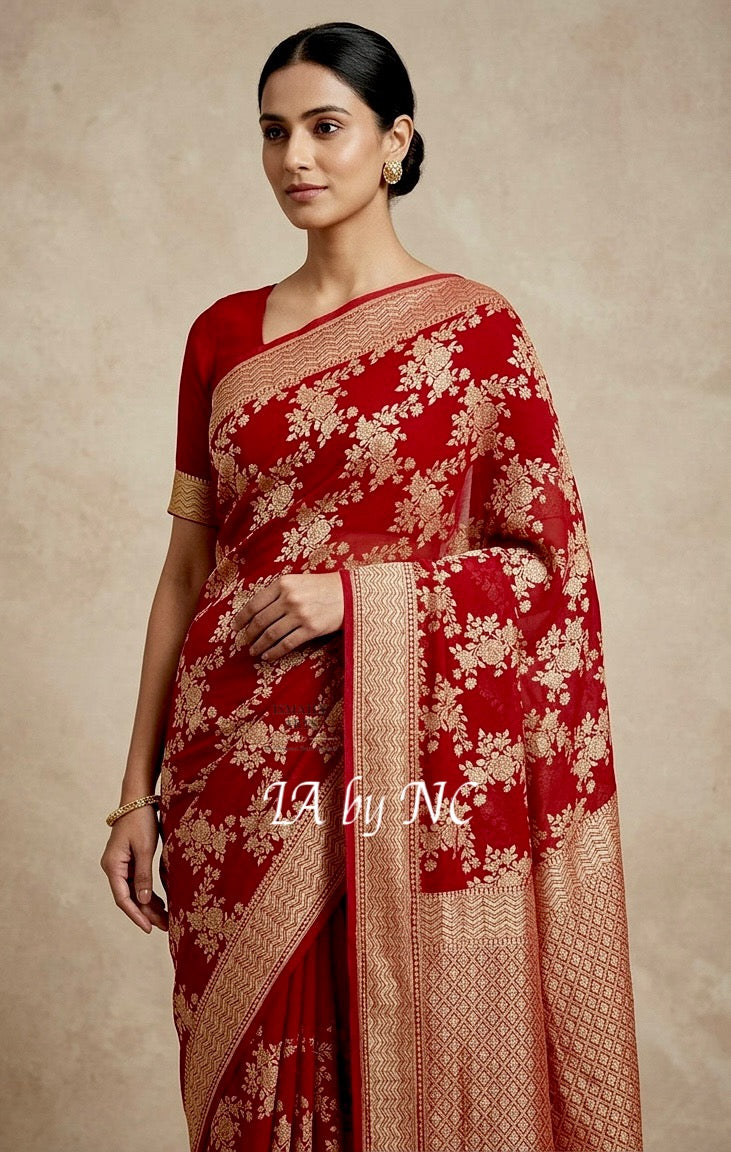 Carmine Banarasi Pure Khaddi Georgette Saree