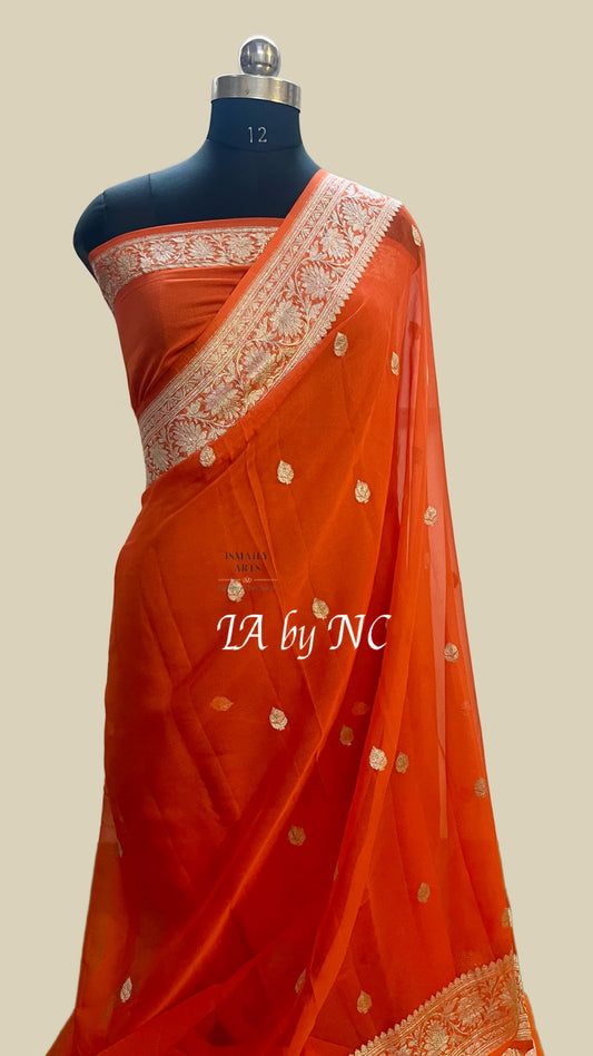 Scarlet Banarasi Pure Khaddi Georgette Kadwa Saree