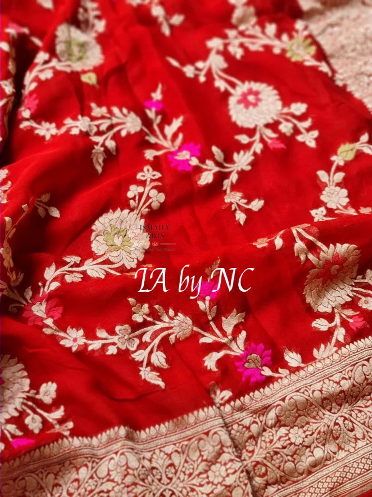 Crimson Banarasi Pure Khaddi Georgette Meenakari Saree