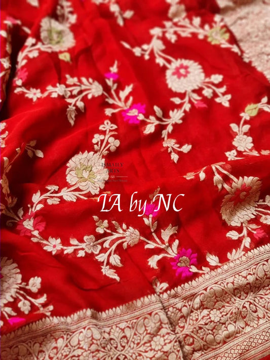 Crimson Banarasi Pure Khaddi Georgette Meenakari Saree