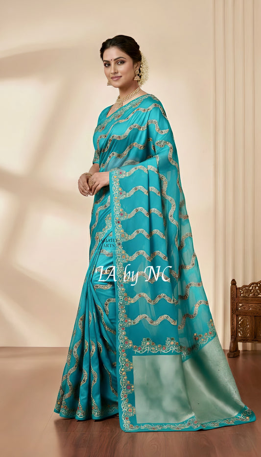 Turquoise Banarasi Mashru Katan Silk Meenakari Saree