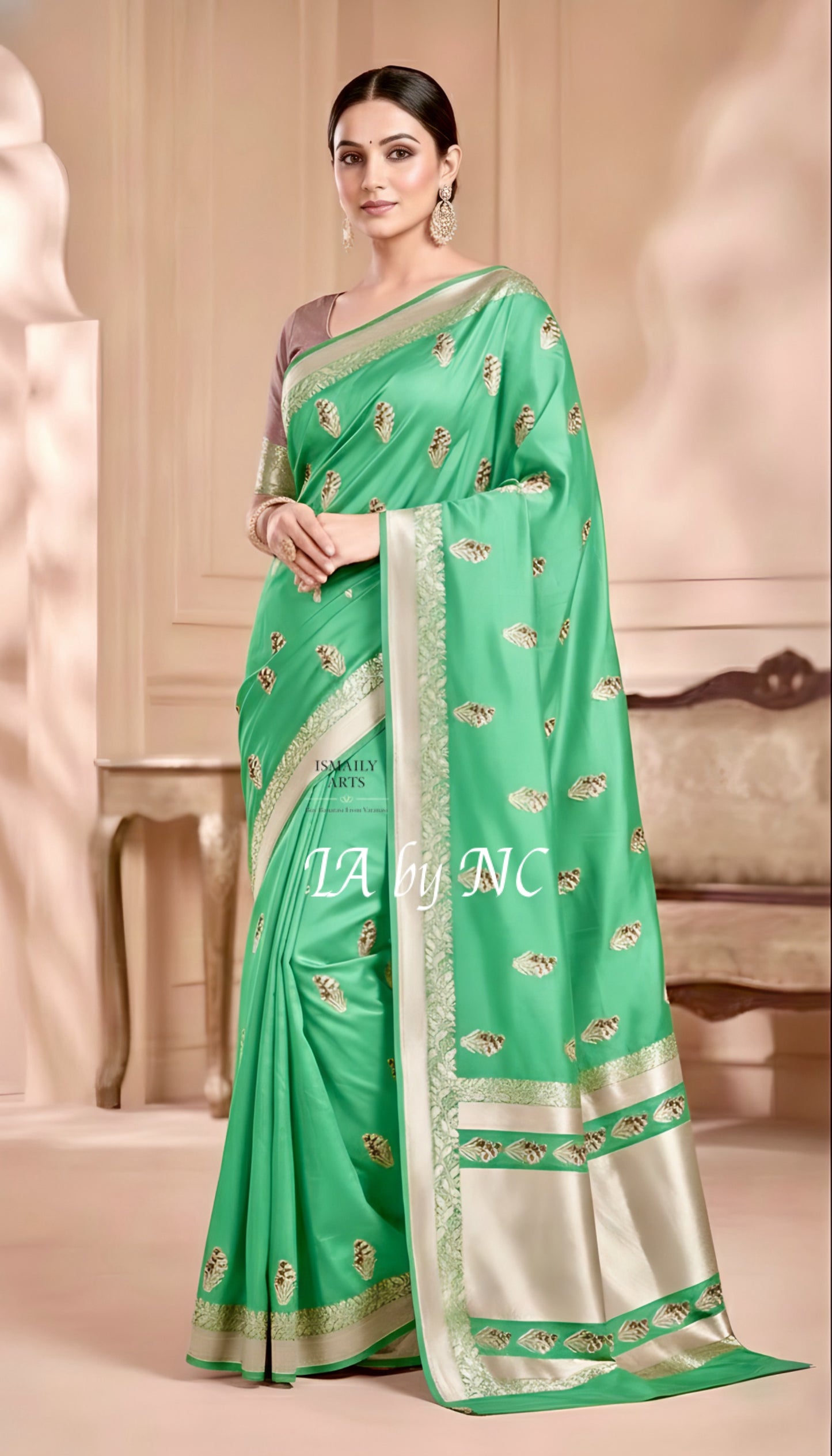 Mint Banarasi Mashru Katan Silk Meenakari Saree