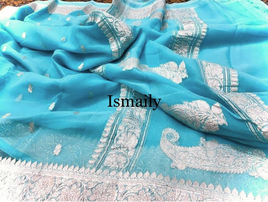 Blue Banarasi Pure Khaddi Georgette Kadwa Saree