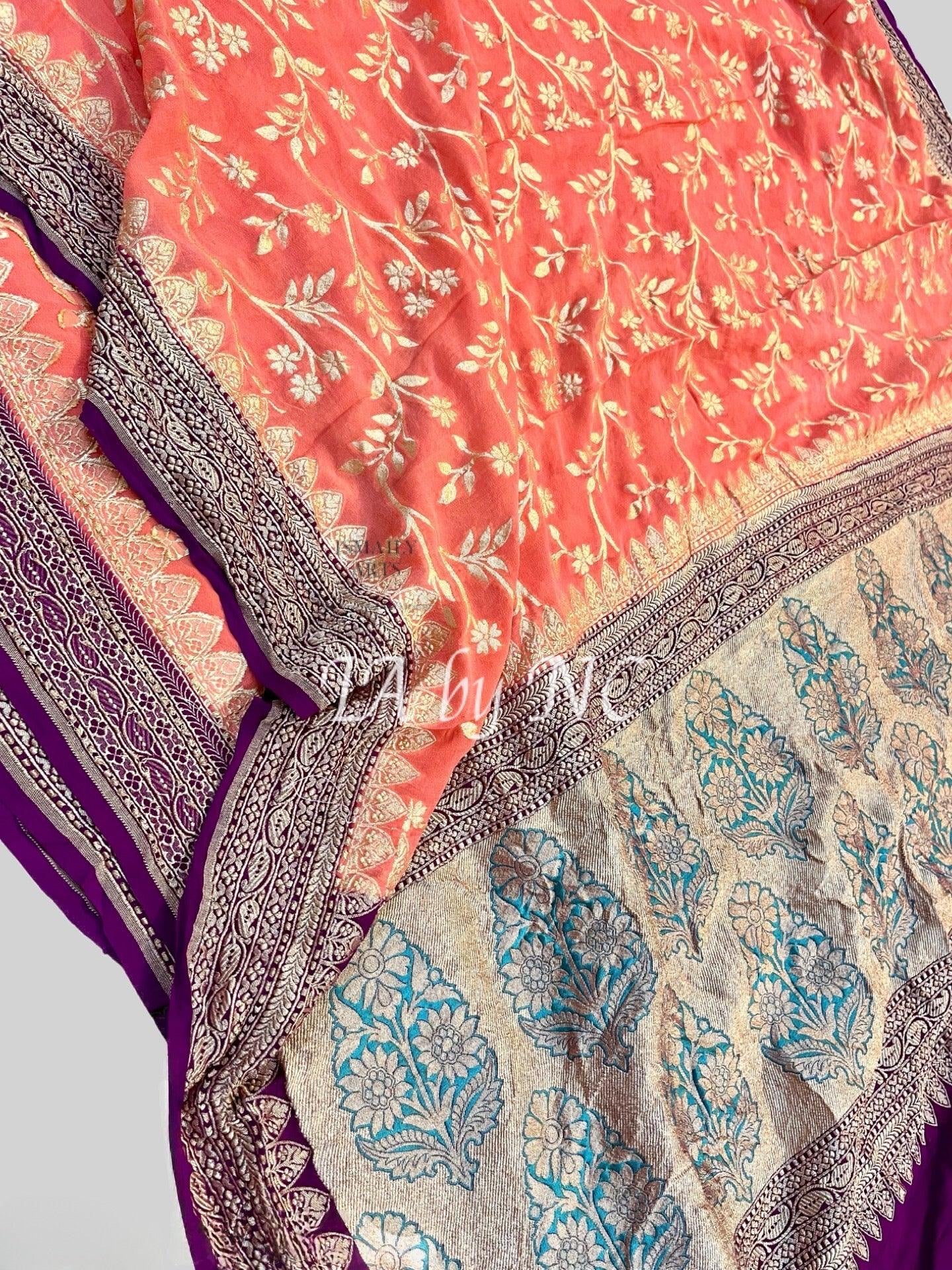 Salmon Banarasi Pure Khaddi Georgette Saree
