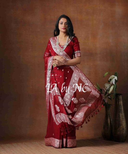 Maroon Banarasi Pure Khaddi Georgette Kadwa Saree
