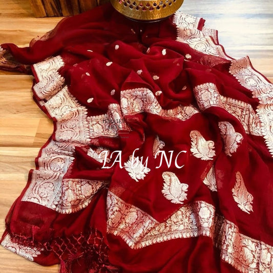 Carmine Banarasi Pure Khaddi Georgette Kadwa Saree