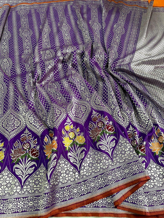 Purple Banarasi Pure Handwoven Katan Silk Kadwa Meenakari Saree