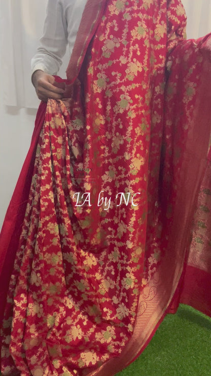 Carmine Banarasi Pure Katan Silk Pattu Meenakari Saree