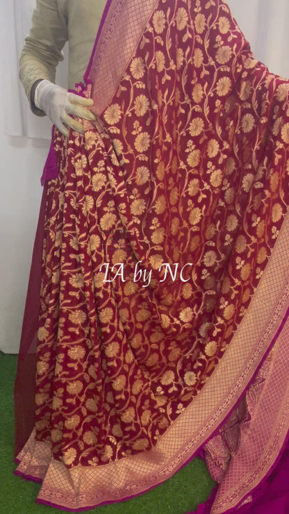 Carmine Banarasi Pure Khaddi Georgette Saree