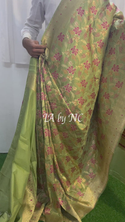 Olive Banarasi Pure Katan Silk Pattu Meenakari Saree