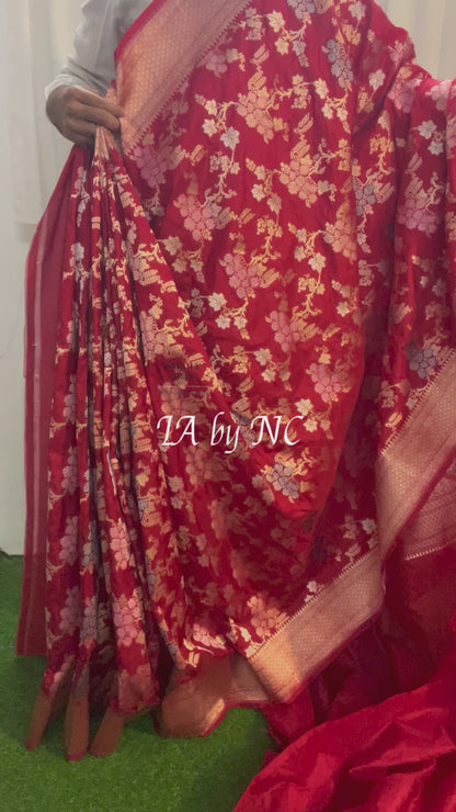 Carmine Banarasi Pure Katan Silk Tilfi Meenakari Saree