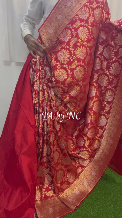 Crimson Banarasi Pure Katan Silk Pattu Meenakari Saree