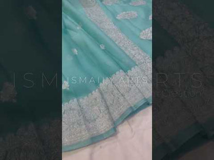 Turquoise Banarasi Pure Khaddi Georgette Kadwa Saree