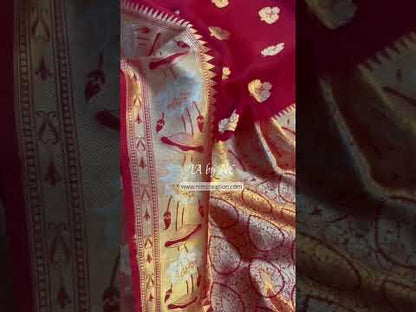 Carmine Banarasi Pure Kora Silk Kadwa Saree