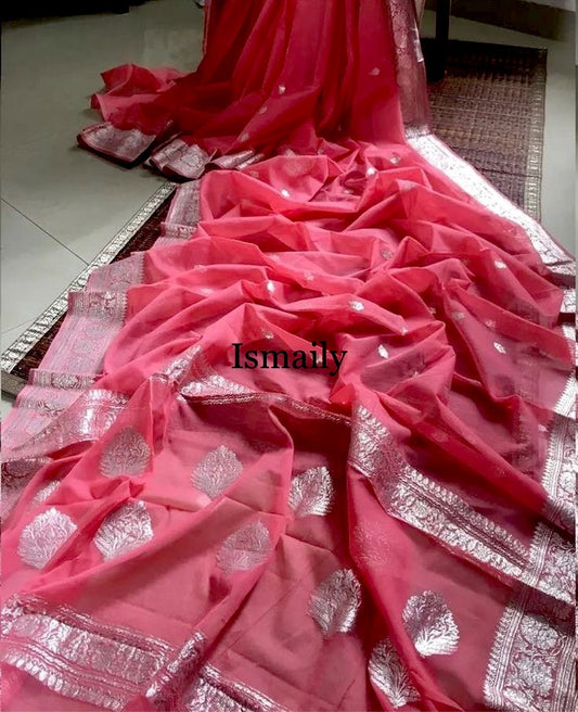 Cerise Banarasi Pure Khaddi Georgette Kadwa Saree