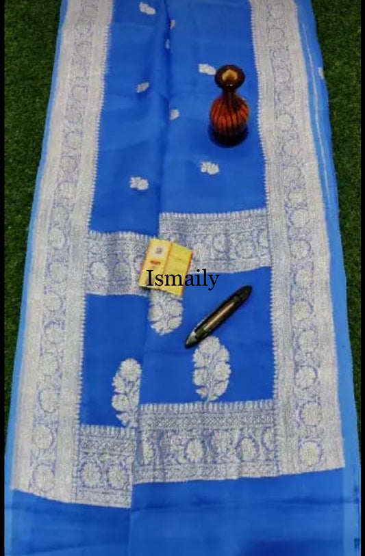 Cornflower Banarasi Pure Khaddi Georgette Kadwa Saree