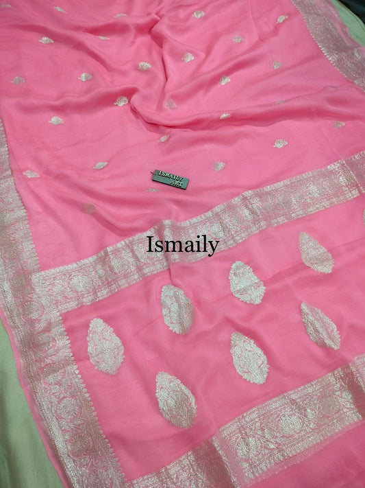 Pink Banarasi Pure Khaddi Georgette Kadwa Saree