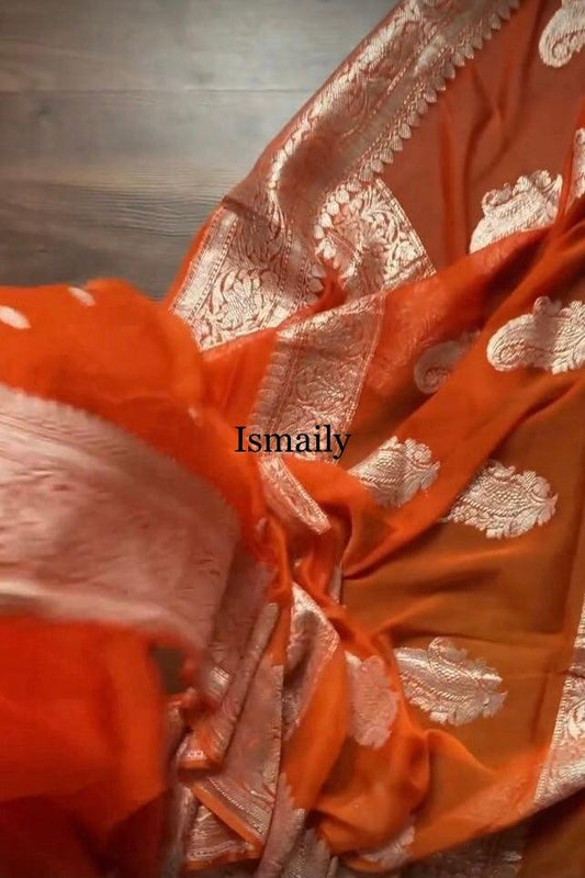 Orange Banarasi Pure Khaddi Georgette Kadwa Saree