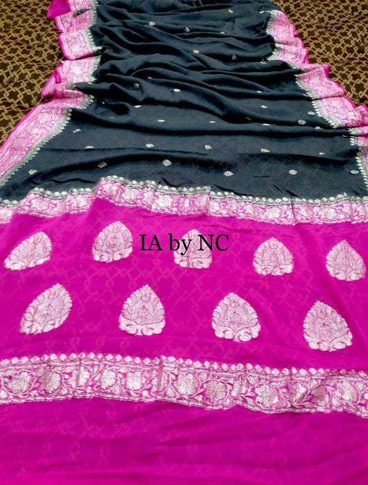 Black Banarasi Pure Khaddi Georgette Kadwa Saree