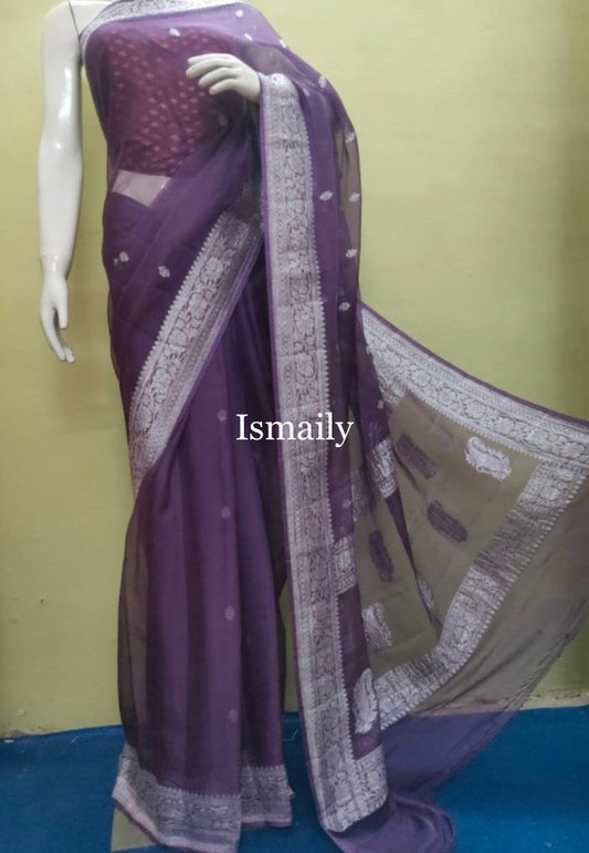 Mauve Banarasi Pure Khaddi Georgette Kadwa Saree