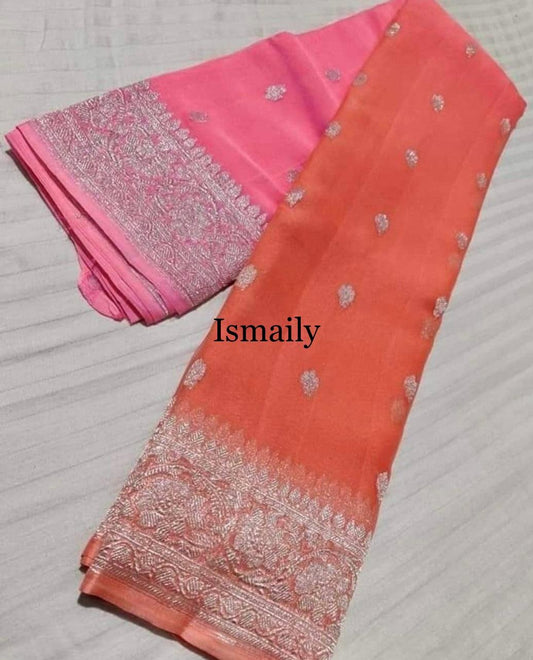 Peach Banarasi Pure Khaddi Georgette Kadwa Saree